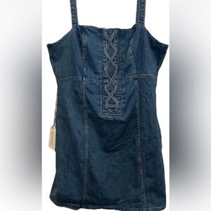 SHYANNE Denim Dress XL New Darling Blue Stretch Jean Lace-Up Front Mini NWT